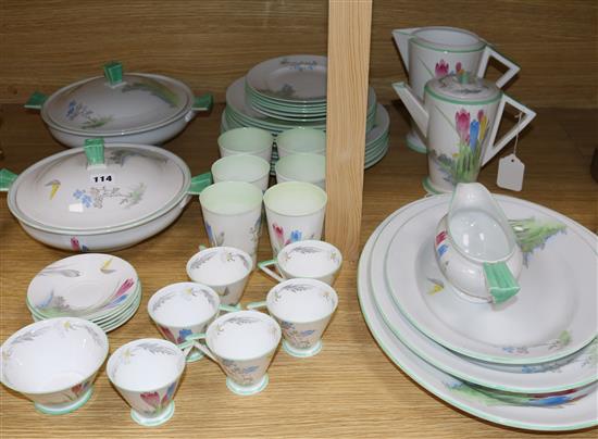 A Shelley Crocus pattern dinner, coffee and lemonade service, in the Eve shape, No. 11952, circa 1932, setting for six,